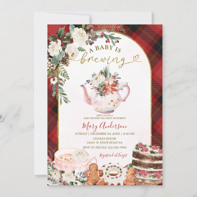 Invitation Bébé brasse du thé en plaid Baby shower d'hiver (Devant)