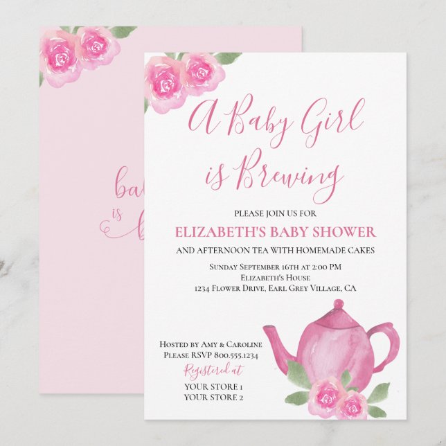 Invitation Bébé brasse Pink Teapot Girl Baby shower (Devant / Derrière)