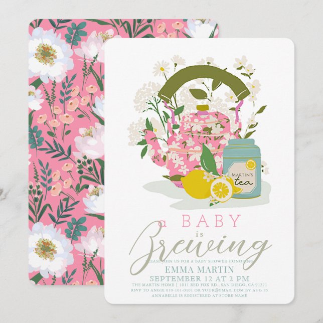 Invitation Bébé brasser rose Floral Tea Party Baby shower (Devant / Derrière)