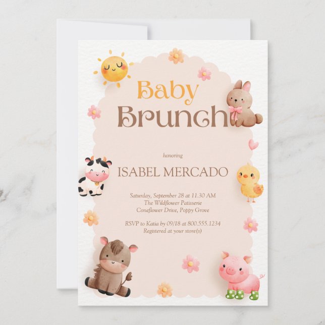 Invitation Bébé Brunch Baby shower d'animaux de ferme (Devant)