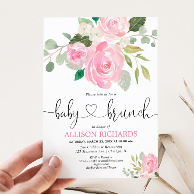 Invitation Bébé brunch fille douche aquarelles florales roses (Créateur téléchargé)