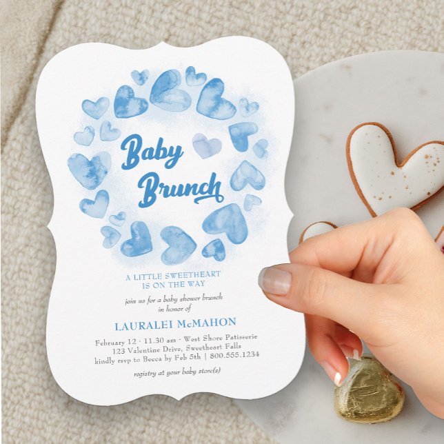 Invitation Bébé Brunch Valentines Coeur Baby shower garçon (Baby Brunch Blue Heart Baby Shower Invitation)