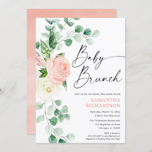 Invitation Bébé brunch verdure rose pâle et fleurie douche fi
