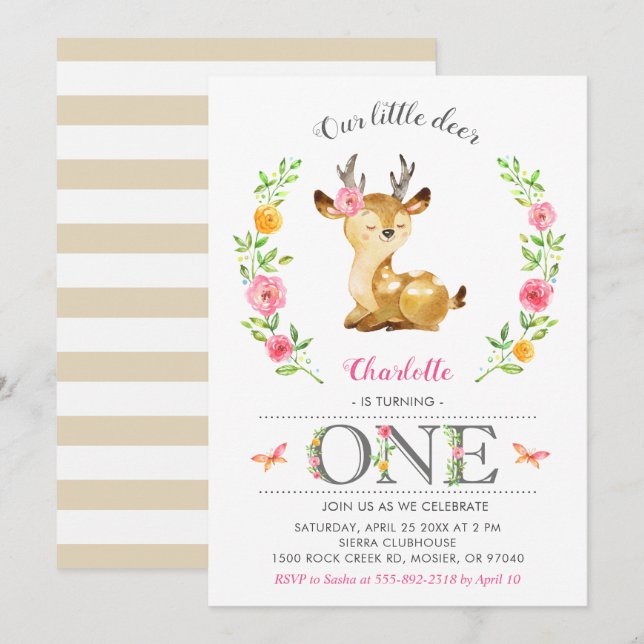 Invitation Bébé cerf fille Woodland Floral 1er premier annive (Devant / Derrière)