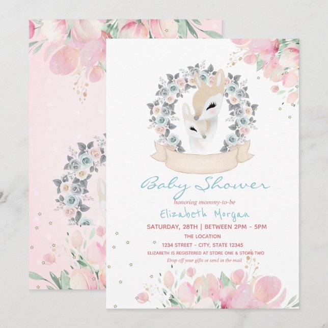 Invitation Bébé Cerf Floral Drive Par Baby shower (Devant / Derrière)