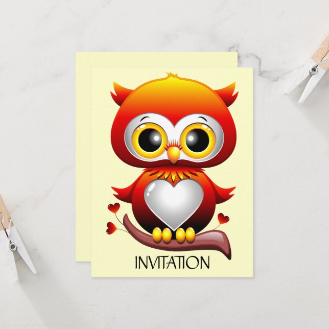 Invitation Bébé Chouette Amour Caricature Coeur (Devant/Arrière en situation)