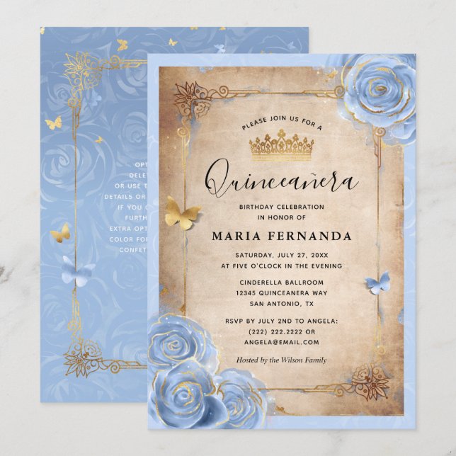 Invitation Bébé clair bleu et Rose or élégant Quinceanera (Devant / Derrière)