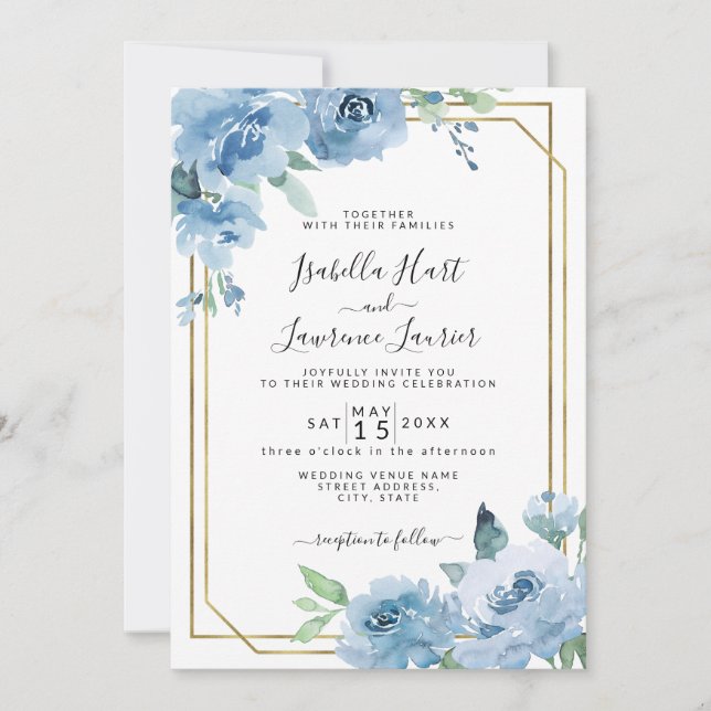 Invitation Bébé clair bleu Floral Aquarelle Mariage or (Devant)