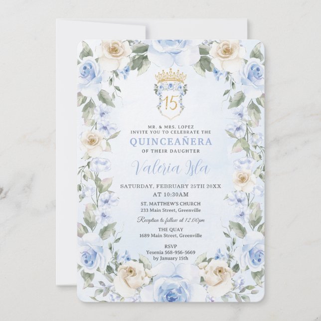 Invitation Bébé Crème Bleue Floral Wreath Or Quinceañera (Devant)