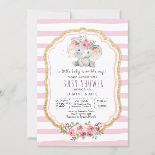 Invitation Bébé de coeur mou Eléphant baby shower fille 