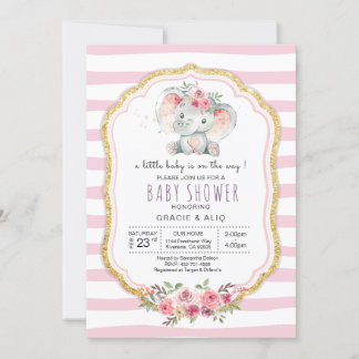Invitation Bébé de coeur mou Eléphant baby shower fille