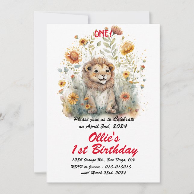 Invitation Bébé de la jungle mignonne Lion 1er anniversaire f (Devant)