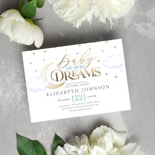 Invitation Bébé de nos rêves Lune et Étoiles Bleu Baby Shower
