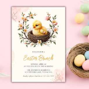 Invitation Bébé de Pâques Jaune Chick Rose Floral Wreath Brun