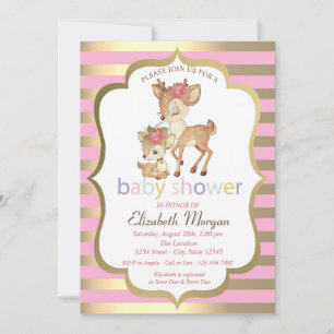 Invitation Bébé Deer Flower Gold Stripe Baby shower