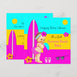 Invitation Bébé d'été Fille de Shower de plage Surf Blonde