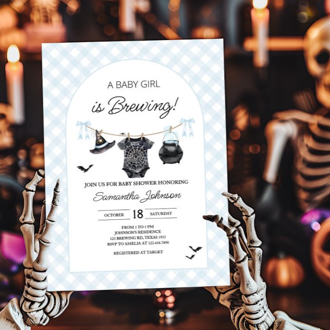 Invitation Bébé d'Halloween bleu brasse Baby shower (Blue Halloween Baby is Brewing Gingham Baby Shower Invitation)