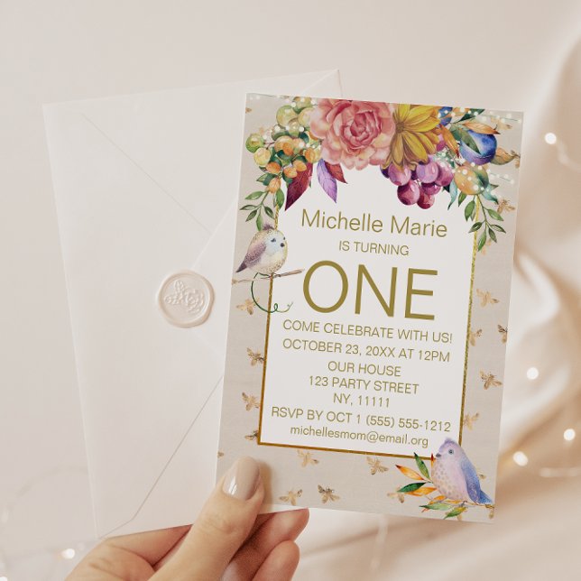 Invitation Bébé d'or Oiseaux Bumble abeilles premier annivers (Créateur téléchargé)