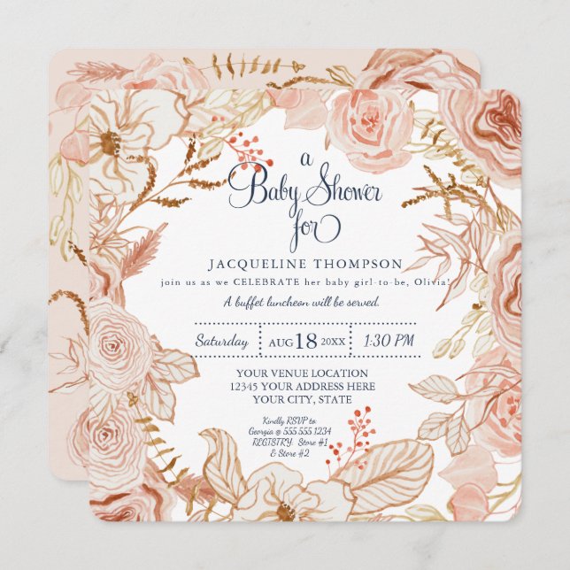 Invitation Bébé Douche à eau rose Folial (Devant / Derrière)