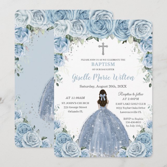 Invitation Bébé doux Bleu Floral Roses Fille Argent Baptême (Devant / Derrière)