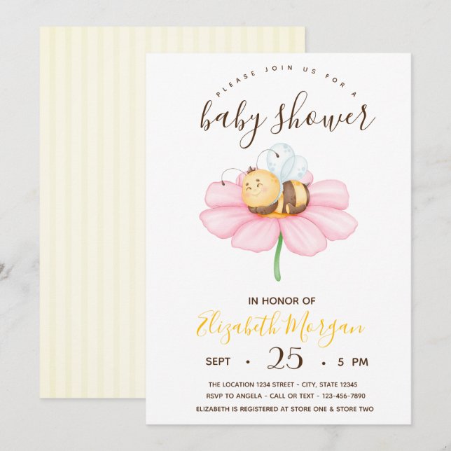 Invitation Bébé doux Bumble Bee, Baby shower de rayures (Devant / Derrière)