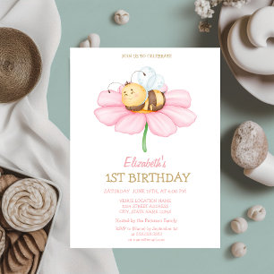 Invitation Bébé doux Miel Bee Flower rayé Anniversaire