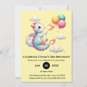 Invitation Bébé dragon avec ballons dans le ciel d'anniversai
