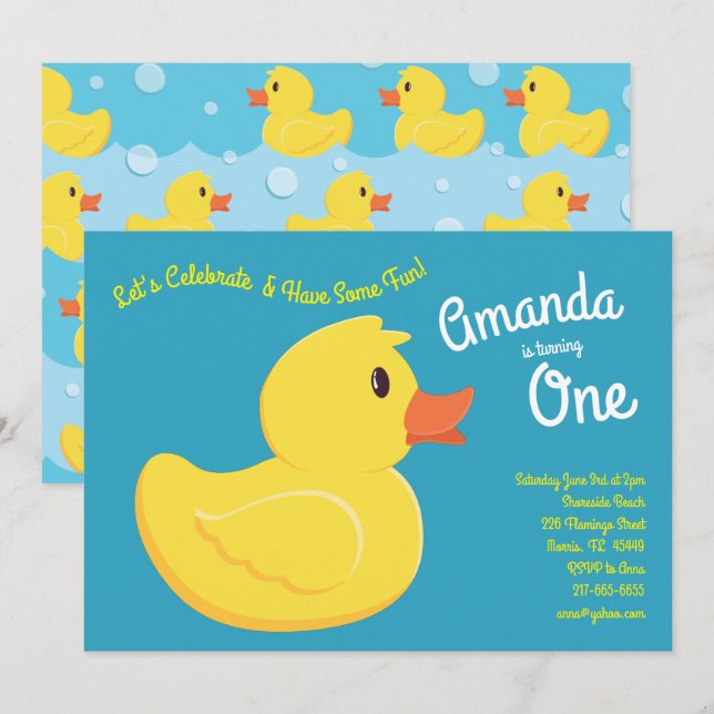 Invitation Bébé Ducky Cute Kid 1er Anniversaire Fête Canards (Devant / Derrière)