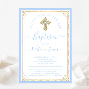 Invitation Bébé élégant Bleu Gold Boy Baptême