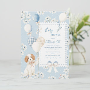 Invitation Bébé élégant Puppy Floral Bleu avec Ballons