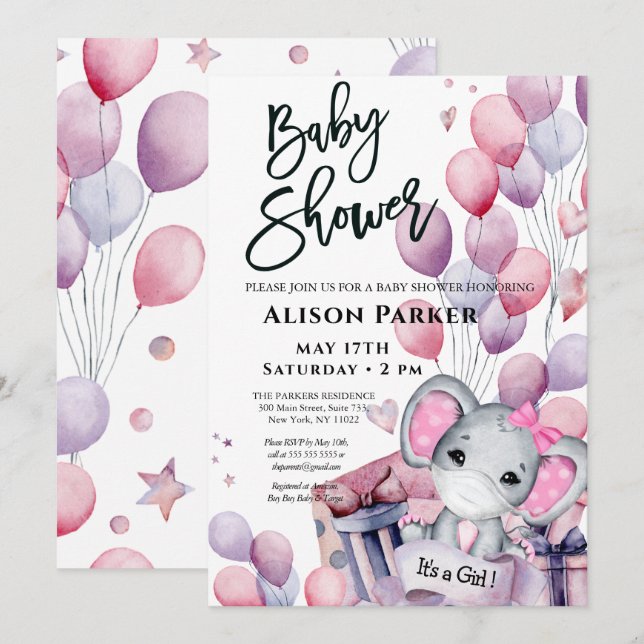 Invitation Bébé Eléphant Ballons roses mignonette Baby shower (Devant / Derrière)