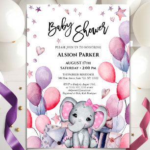 Invitation Bébé Eléphant Ballons roses mignonette Baby shower