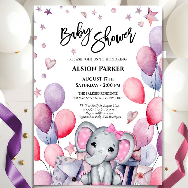Invitation Bébé Eléphant Ballons roses mignonette Baby shower (Créateur téléchargé)