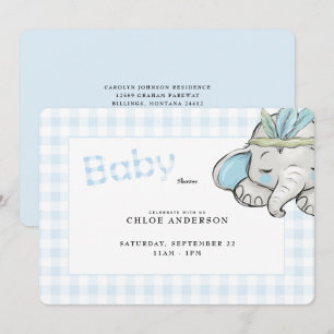 Invitation Bébé Eléphant Bleu En vichy Baby shower arrondi