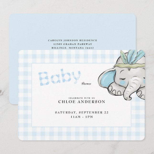 Invitation Bébé Eléphant Bleu En vichy Baby shower arrondi (Devant / Derrière)