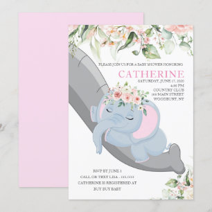 Invitation Bébé Eléphant Dormir floral Girl Douche