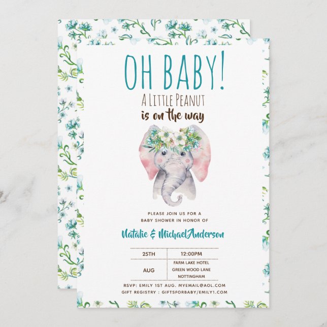 Invitation Bébé Eléphant Douche Invitation, Boho Floral (Devant / Derrière)