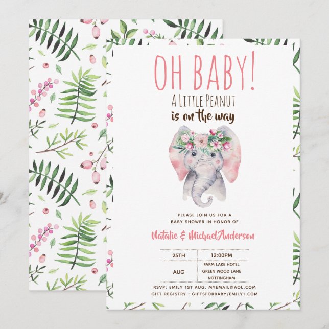 Invitation Bébé Eléphant Douche Invitation, Boho Floral (Devant / Derrière)