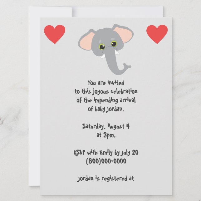 Invitation Bébé Eléphant et Coeurs Baby shower gris (Devant)