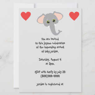 Invitation Bébé Eléphant et Coeurs Baby shower gris