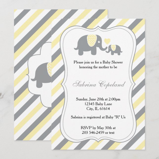 Invitation Bébé Eléphant Jaune & Gris Gris | BABY SHOWER (Devant / Derrière)