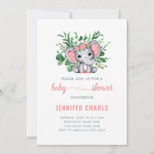 Invitation Bébé Eléphant mignon Fille Verdure Blanc
