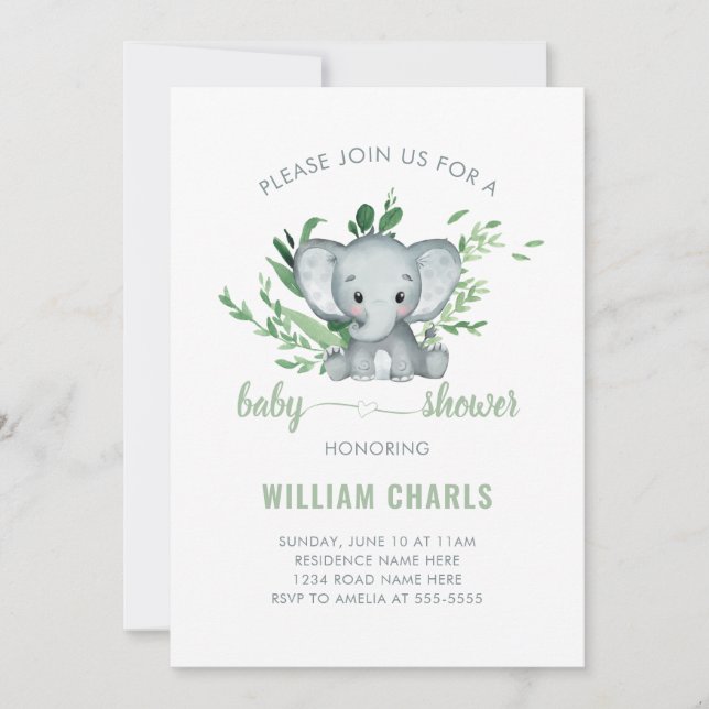 Invitation Bébé éléphant mignon garçon verdure vert blanc (Devant)
