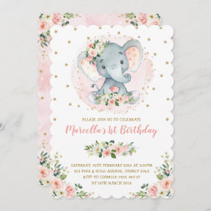 Invitation Bébé Eléphant Peach Blush Gold 1er anniversaire