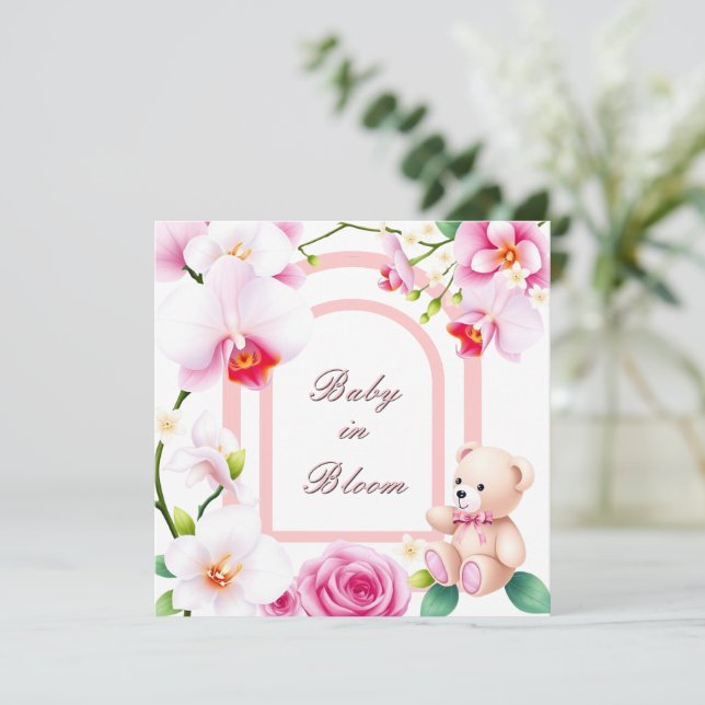 Invitation Bébé en baby shower fleuri fleuri pour une fille (Debout devant)