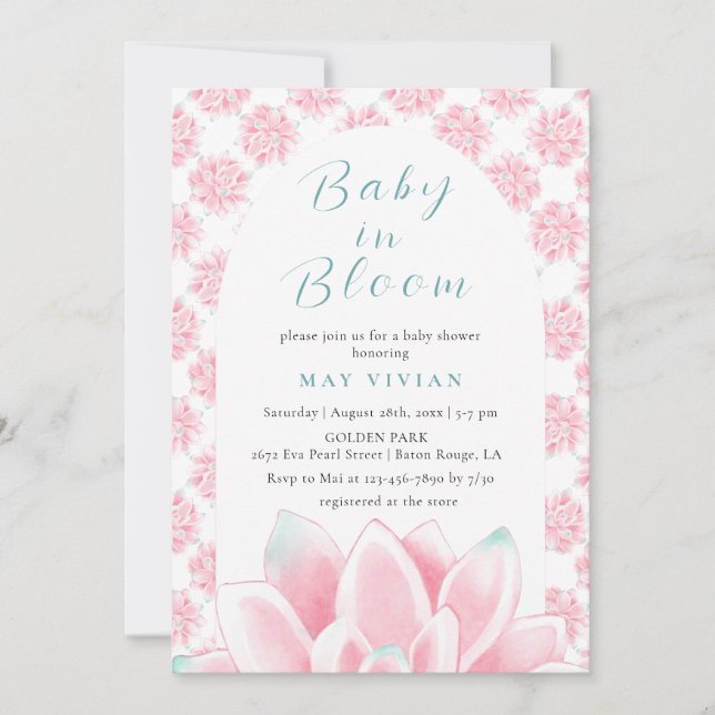 Invitation Bébé en Fleur Aquarelle Floral Lotus Rose Douche (Devant)
