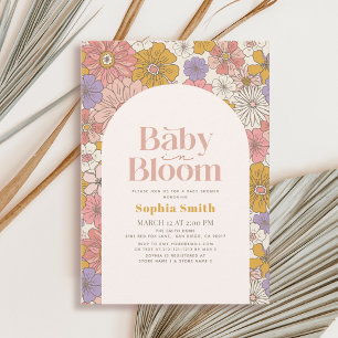 Invitation Bébé en Fleur Arc Floral Retro Baby shower pourpre