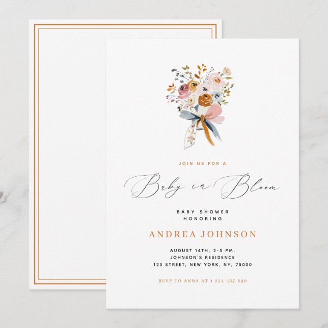 Invitation Bébé en fleur Automne Floral avec un Baby shower à (Devant / Derrière)