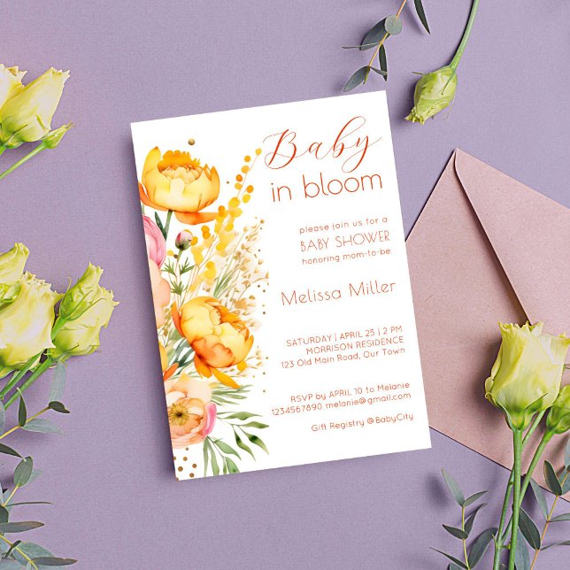 Invitation Bébé en fleur baby shower de fleurs d'été du print (Baby in bloom spring summer yellow flowers baby shower editable template invitation digital download)