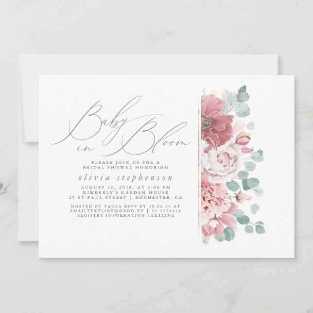 Invitation Bébé en fleur Baby shower de fleurs roses Dusty (Devant)